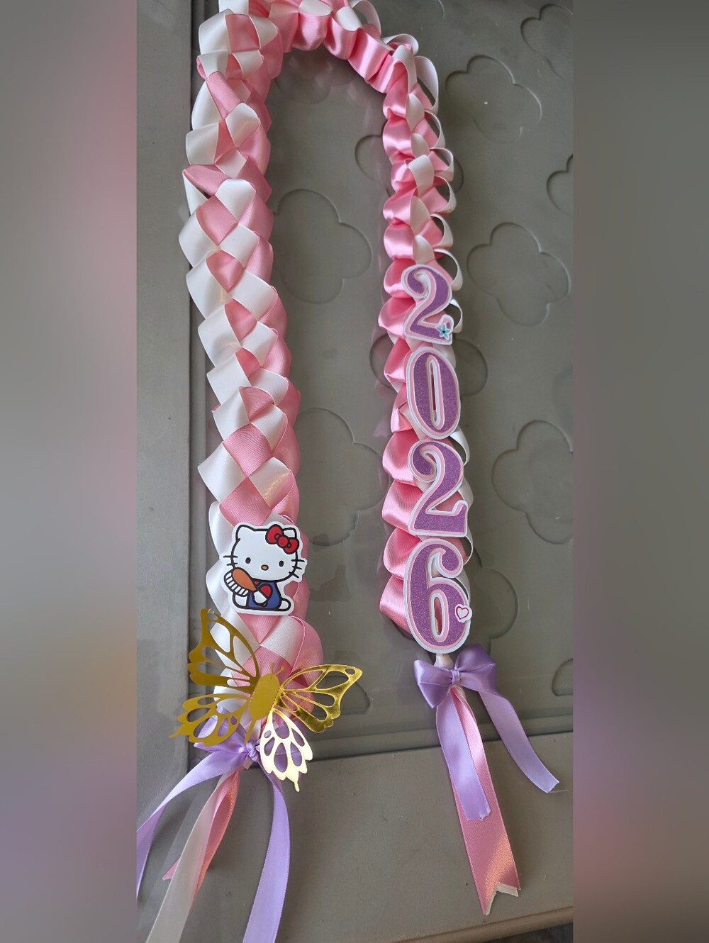 Pink & White Braided Ribbon Lei with Hello Kitty and 2026